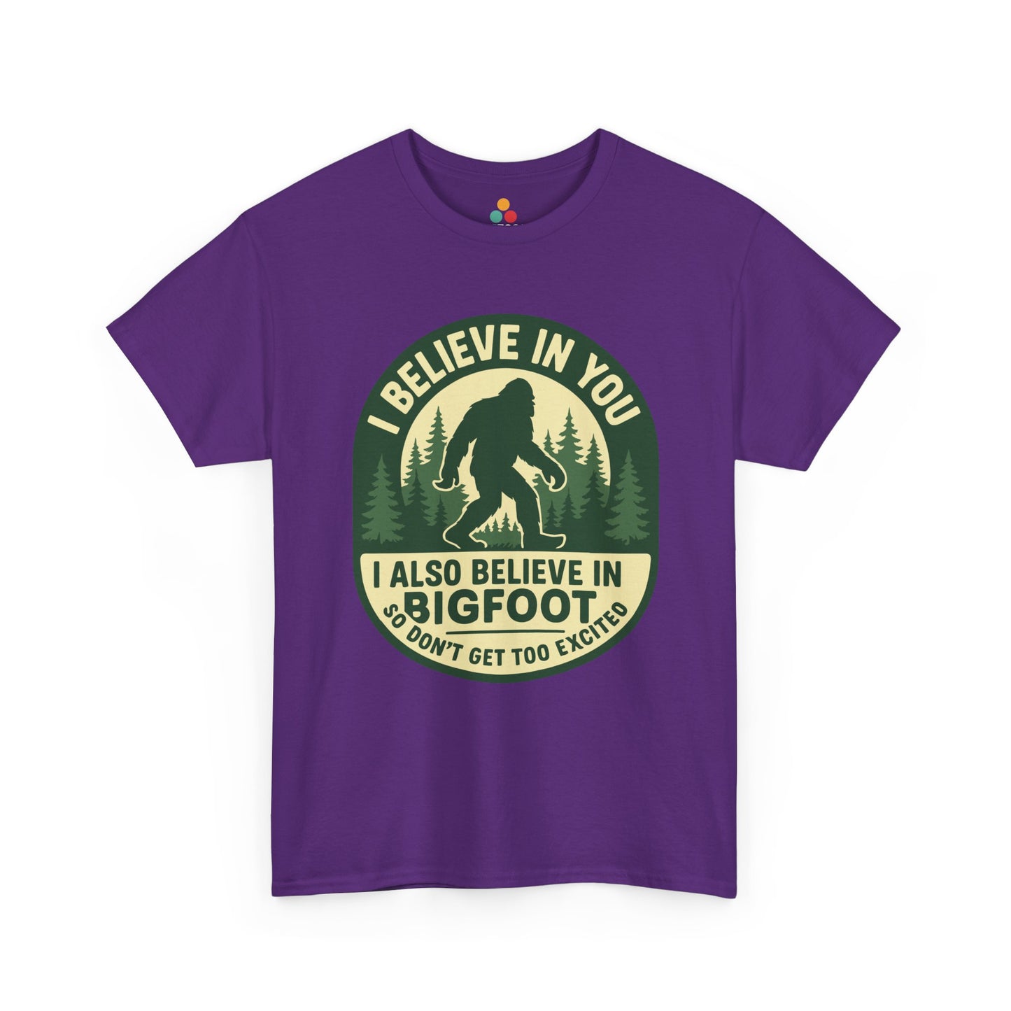  “Teezoca purple I Believe In You Bigfoot shirt, funny forest festival cryptid tee, front display”

