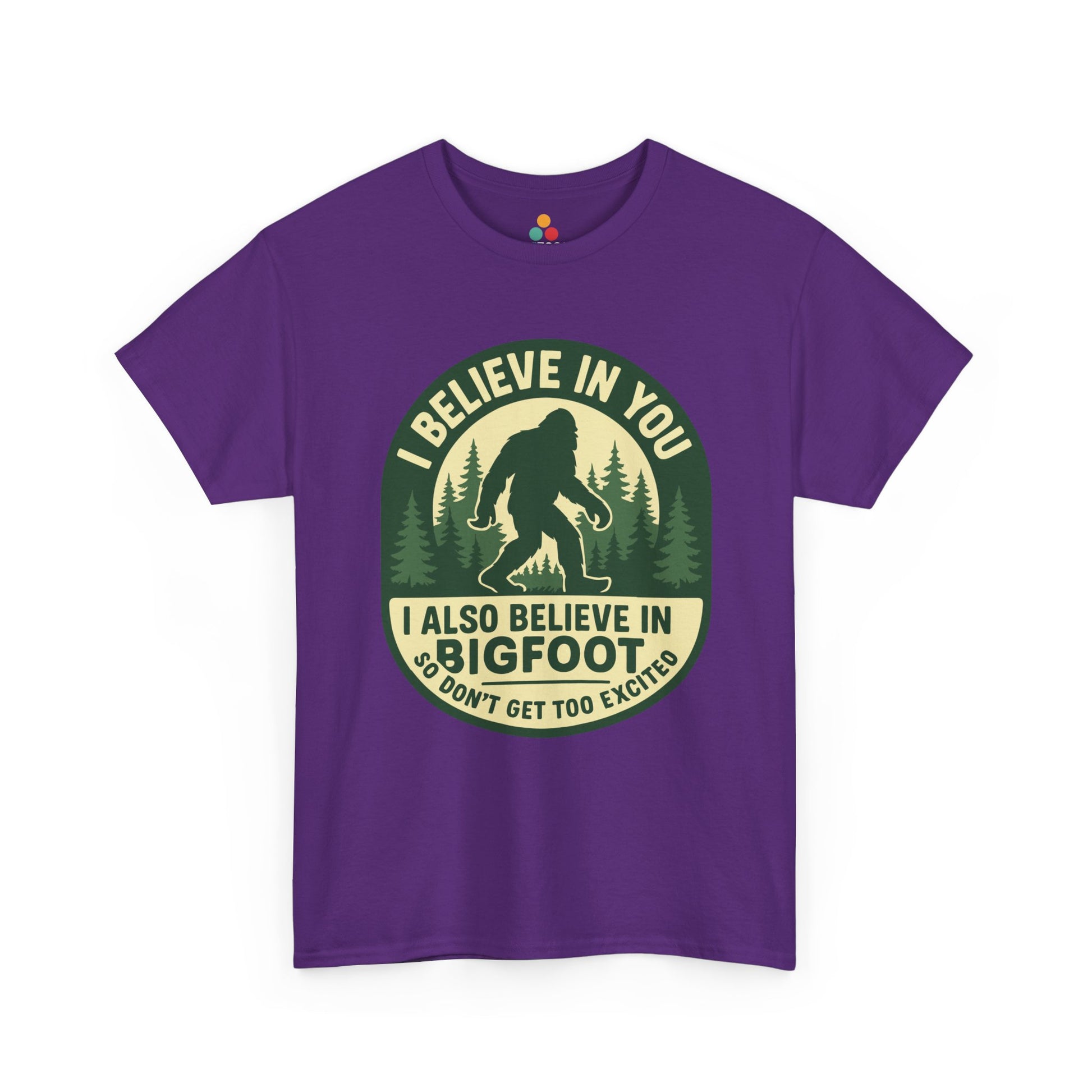  “Teezoca purple I Believe In You Bigfoot shirt, funny forest festival cryptid tee, front display”

