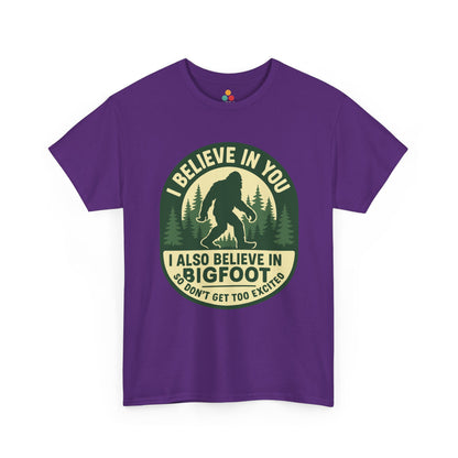  “Teezoca purple I Believe In You Bigfoot shirt, funny forest festival cryptid tee, front display”

