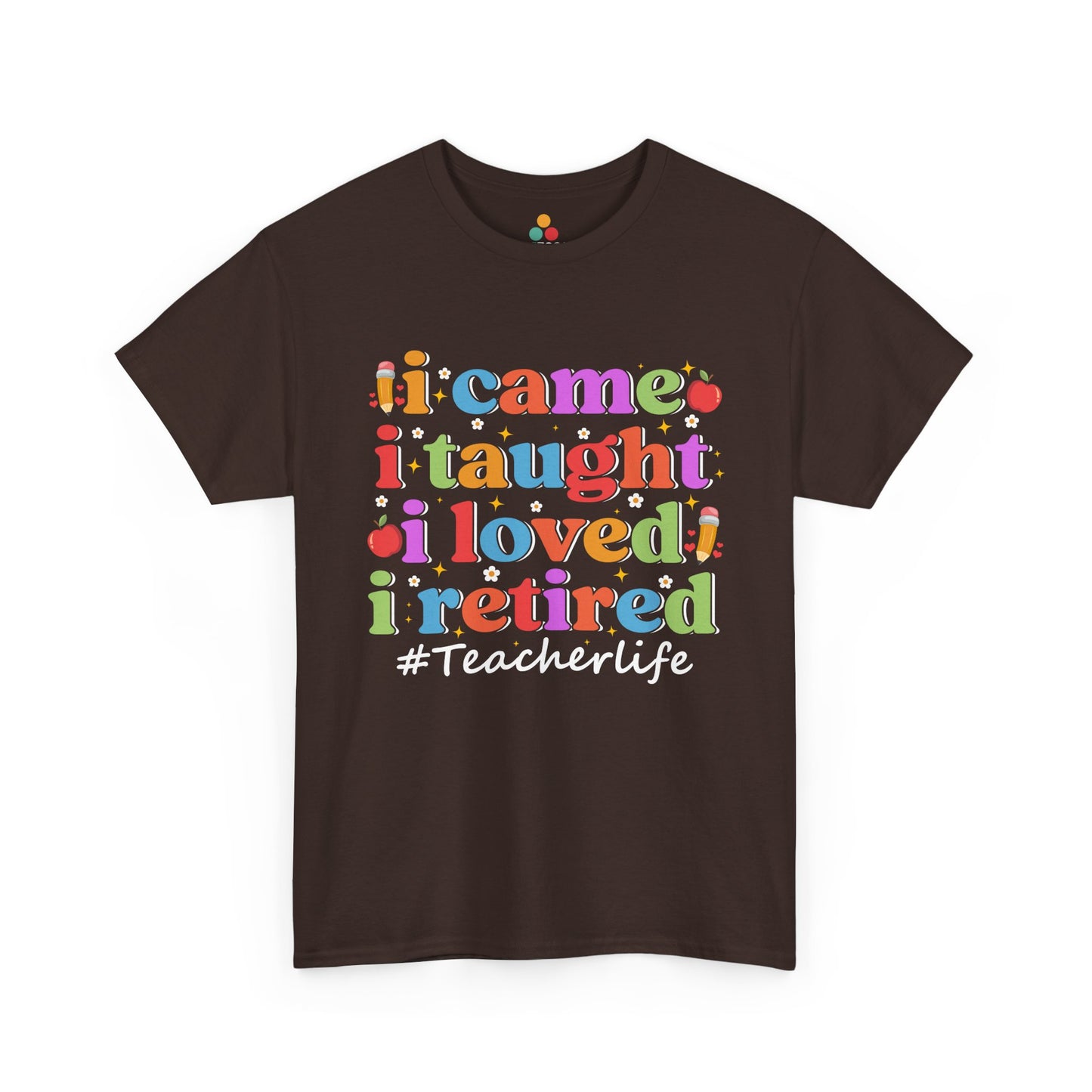 “Funny Teezoca teacherlife retirement tee on brown, retro letters and apples, front view”

