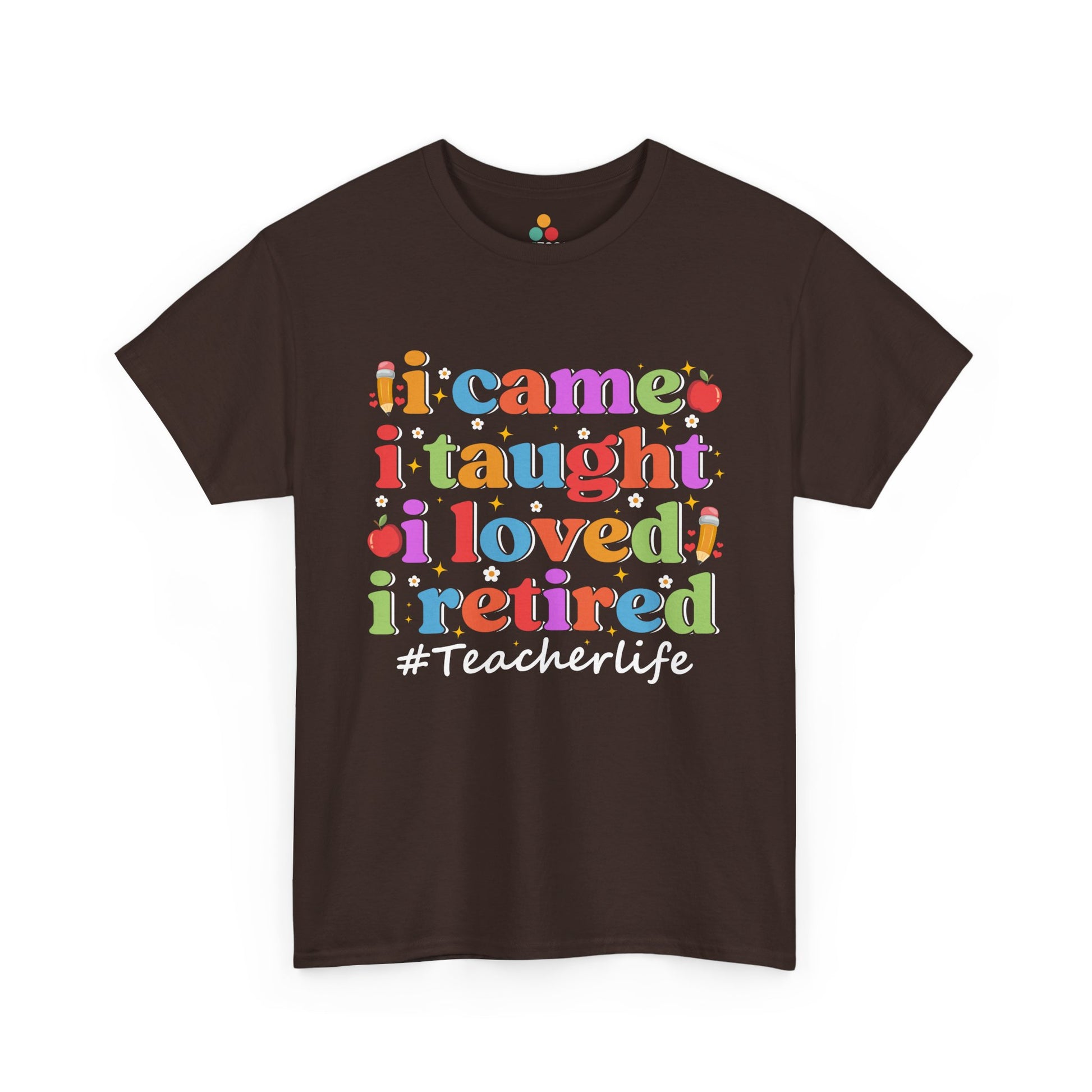 “Funny Teezoca teacherlife retirement tee on brown, retro letters and apples, front view”

