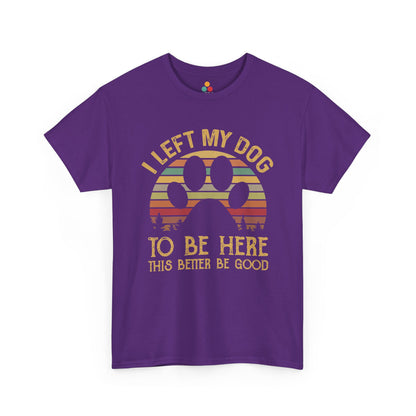 “Teezoca purple dog lover shirt, I Left My Dog to Be Here, funny retro paw print, front display”

