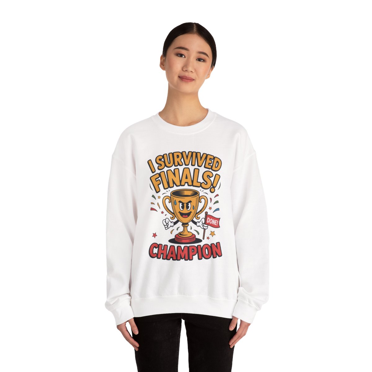 TEEZOCA finals survivor sweatshirt with trophy champion cartoon design Person wearing a white sweatshirt with 'I Survived Finals! Champion' text and graphics on a white background