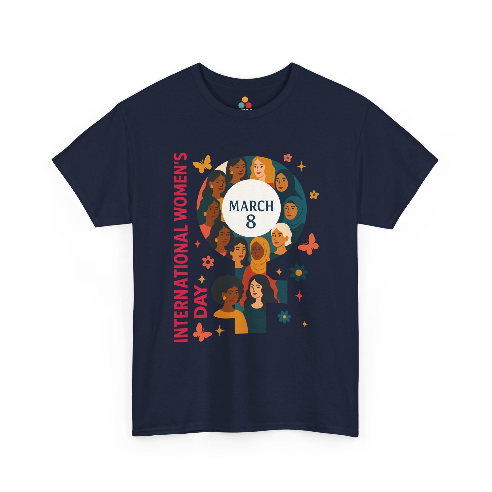 Navy International Women’s Day t-shirt with colorful diverse women female symbol design and March 8 text, flat product mockup.