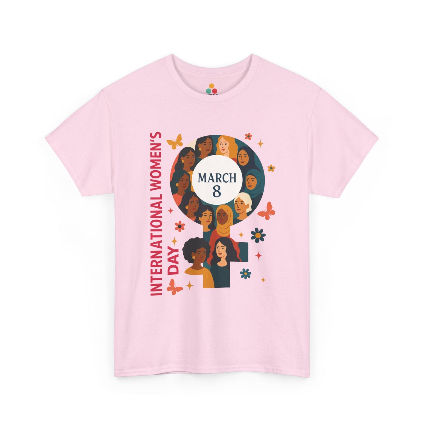 Light pink International Women’s Day t-shirt showing diverse women illustration in a female symbol and vertical International Women’s Day text.