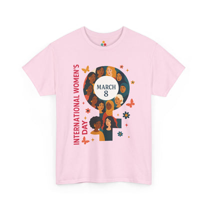 Light pink International Women’s Day t-shirt showing diverse women illustration in a female symbol and vertical International Women’s Day text.