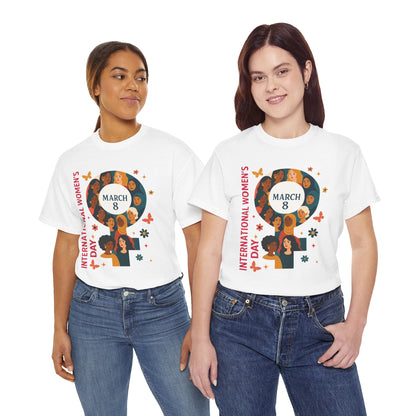 Two people wearing white International Women’s Day March 8 t-shirts with diverse women female symbol design, lifestyle mockup.
