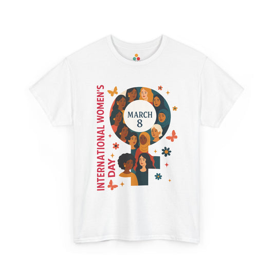 White International Women’s Day t-shirt with diverse women female symbol graphic and “March 8” text, flat lay front view.
