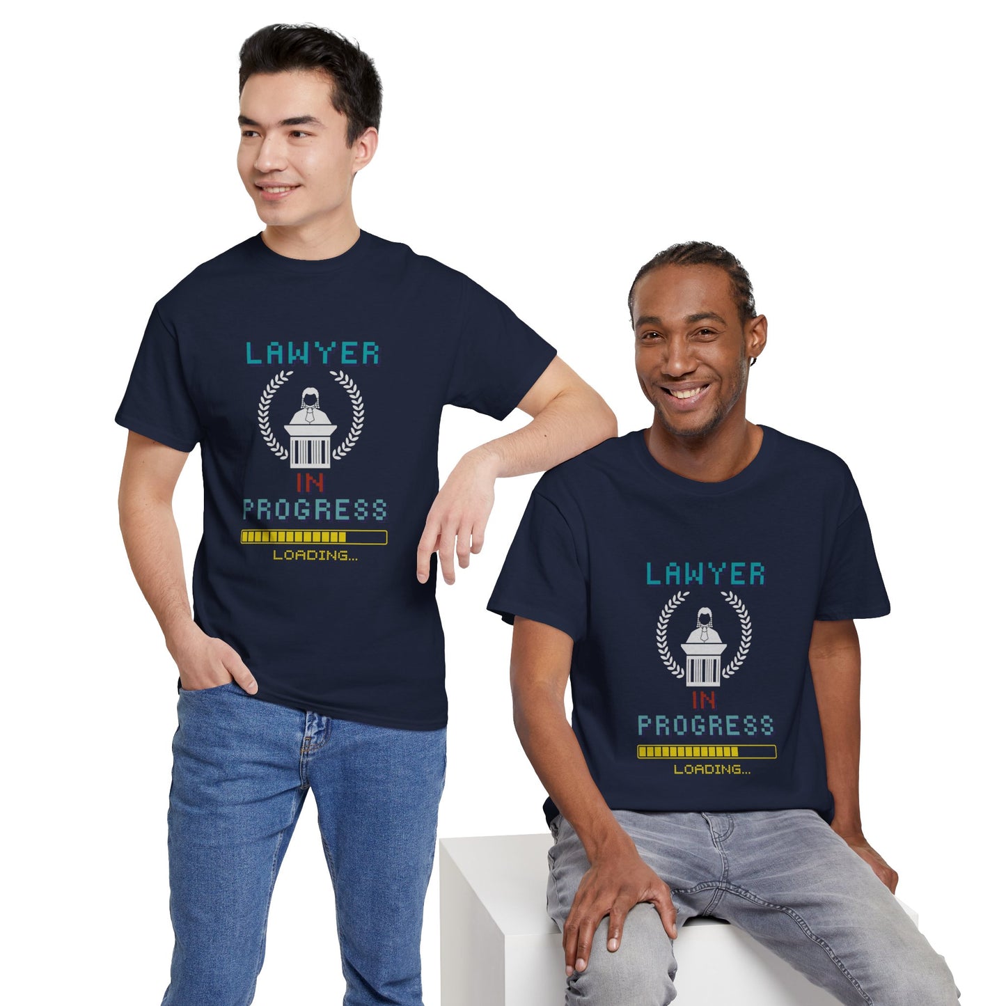 Male and female models styled in “Lawyer in Progress” t-shirts, showing fit and style for graduation, school clubs, or new legal careers.