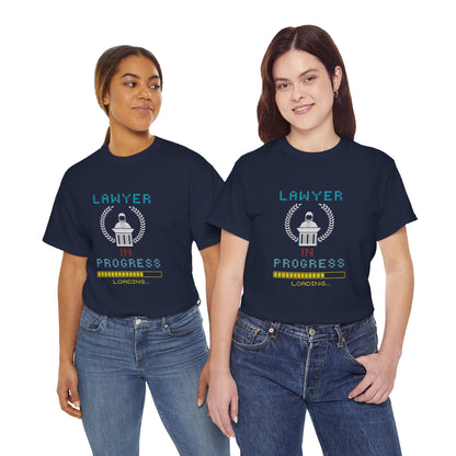 Two female models wearing matching “Lawyer in Progress” navy tees, standing in casual poses—showcasing fun graduation and legal career apparel.