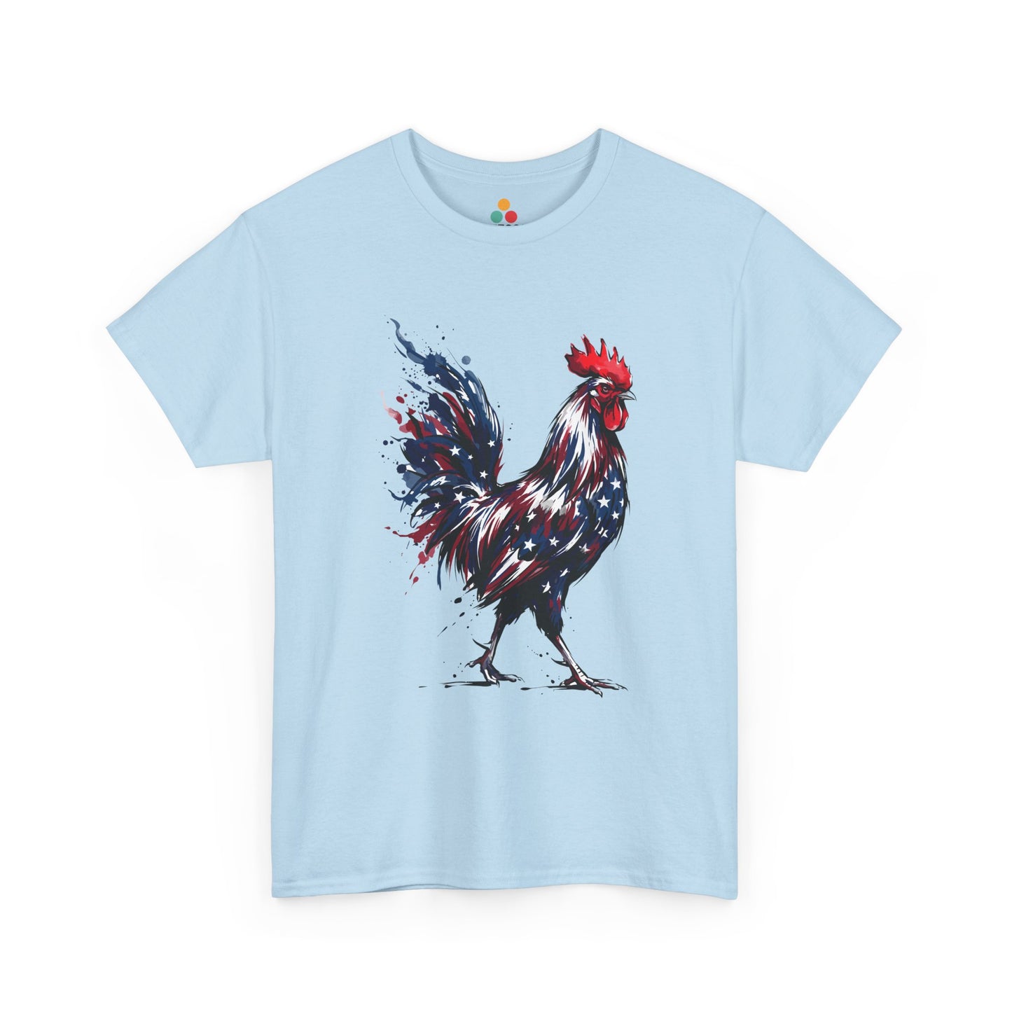 TEEZOCA T-Shirt featuring a bold watercolor-style rooster painted in red, white, and blue American flag colors with stars and paint splashes on white fabric.


