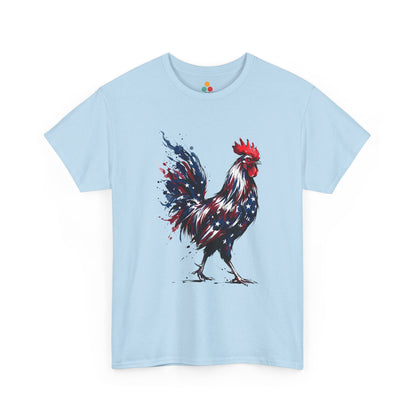 TEEZOCA T-Shirt featuring a bold watercolor-style rooster painted in red, white, and blue American flag colors with stars and paint splashes on white fabric.

