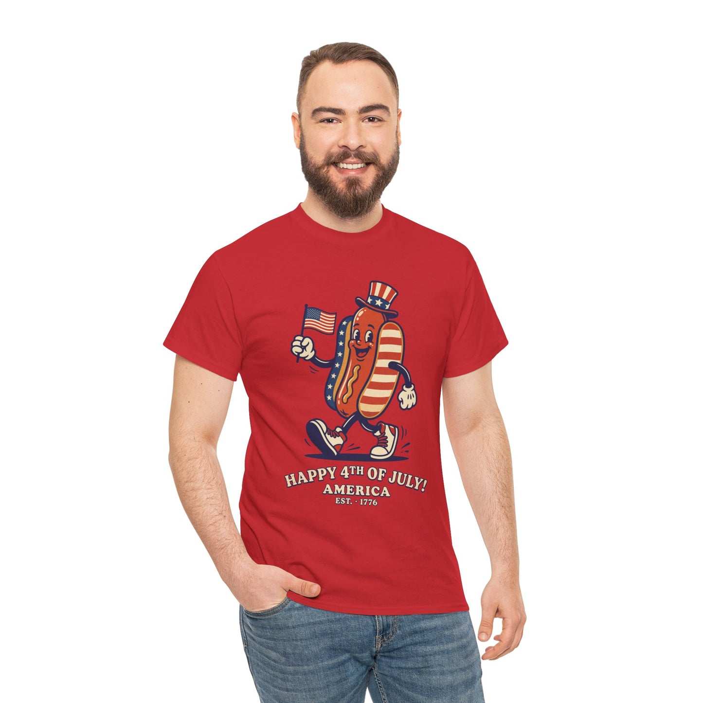 man wearing a red TEEZOCA Happy 4th of July Cartoon Hot Dog T-Shirt – Funny Patriotic Gift for Men and Women