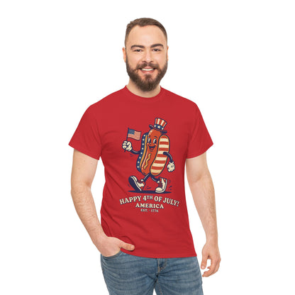 man wearing a red TEEZOCA Happy 4th of July Cartoon Hot Dog T-Shirt – Funny Patriotic Gift for Men and Women
