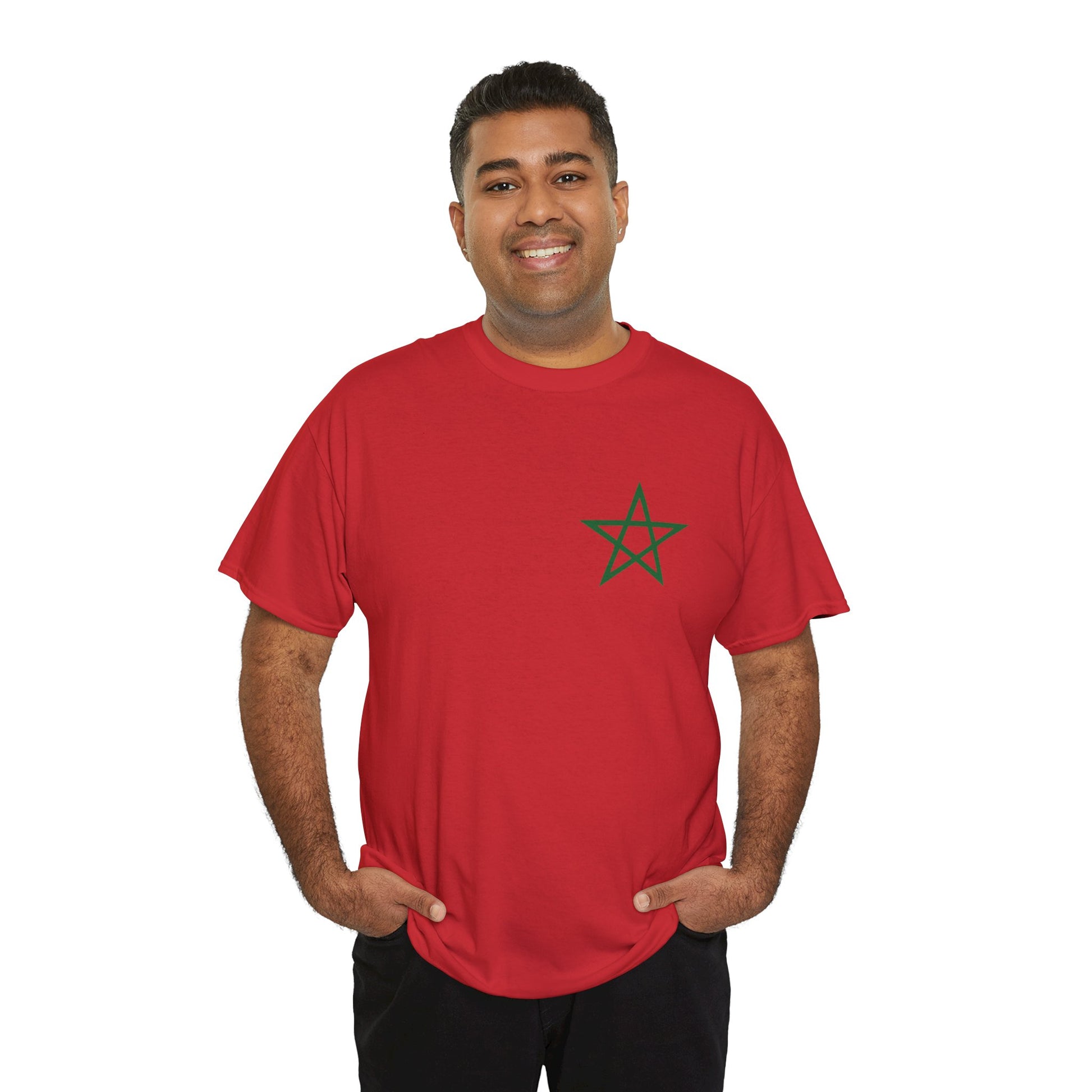 man wearing a red TEEZOCA Moroccan flag casual t-shirt showing the small left-chest star front print. TEEZOCA 2 Sided Morocco Flag Classic Red T-Shirt Moroccan National Football Supporter Shirt Front Print View