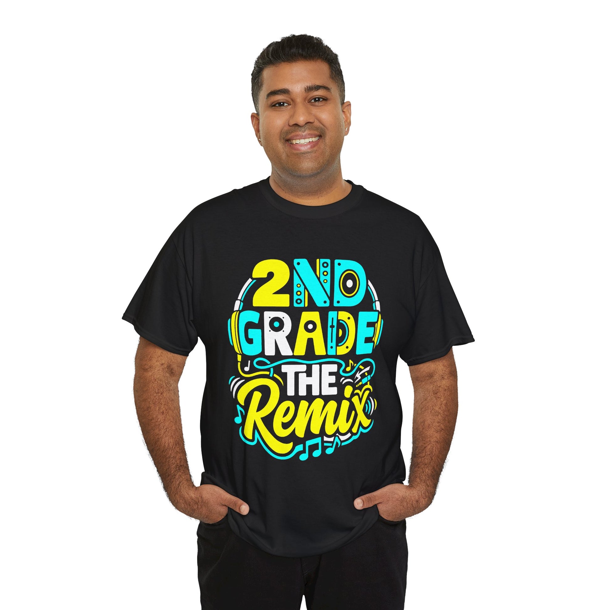 man wearing a solid black TEEZOCA 2nd Grade The Remix back-to-school casual t-shirt.