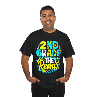 man wearing a solid black TEEZOCA 2nd Grade The Remix back-to-school casual t-shirt.
