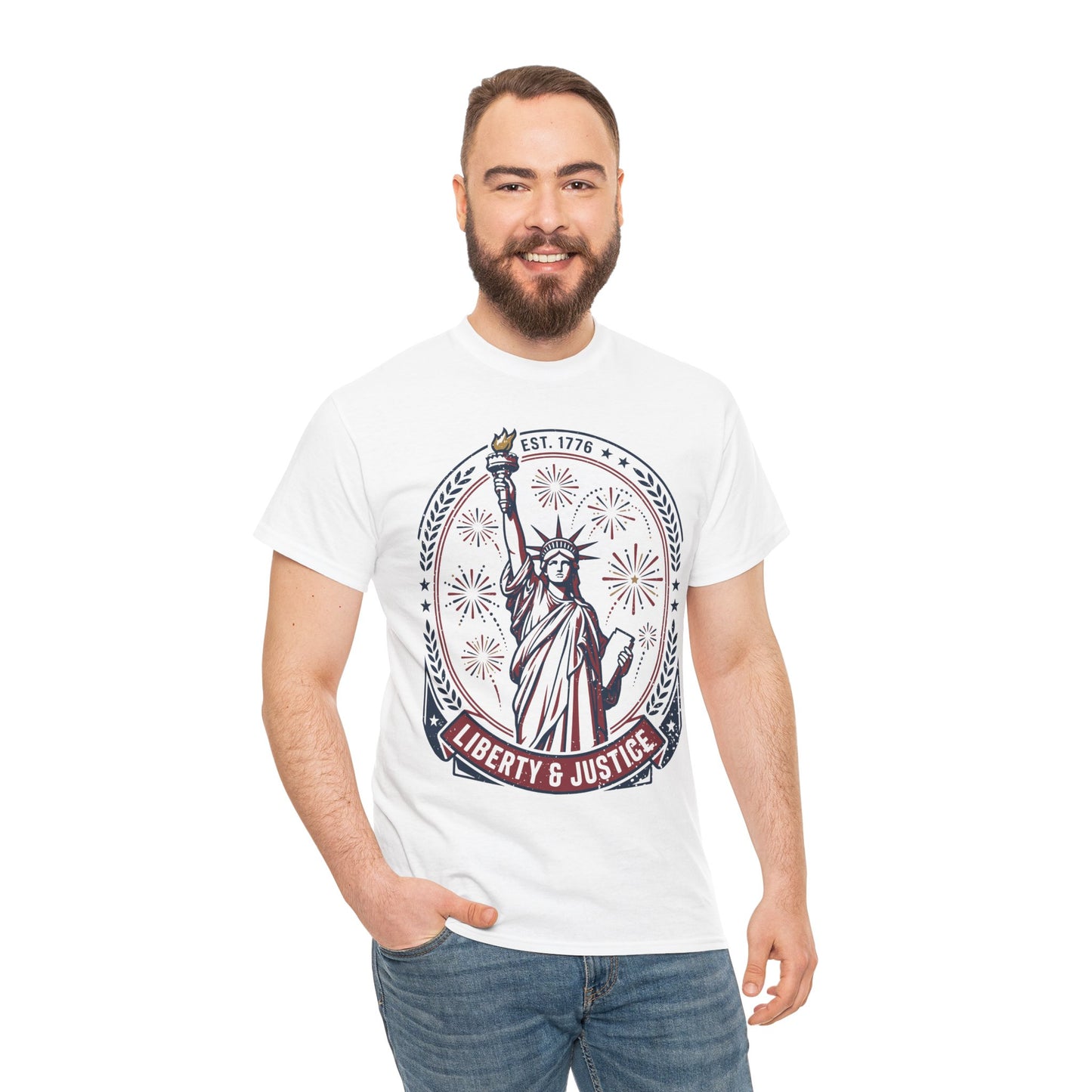 man wearing a white TEEZOCA Vintage Statue of Liberty Justice Est 1776 Freedom Patriotic 4th of July T-Shirt Gift | TEEZOCA 