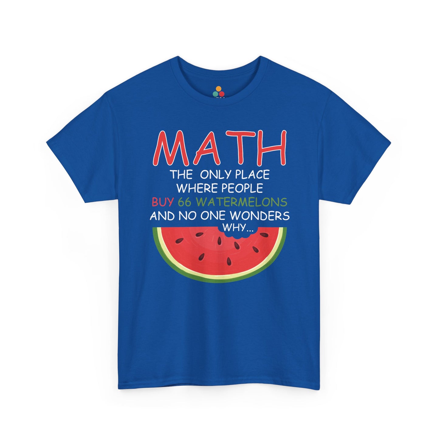 Blue t-shirt with a watermelon graphic and humorous math joke text on a white background