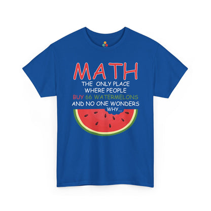 Blue t-shirt with a watermelon graphic and humorous math joke text on a white background