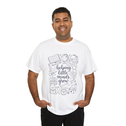 men TEEZOCA T-Shirt with black and white “helping little minds grow” back to school teacher design on white  fabric.

