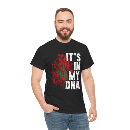 men wearing dark T-shirt featuring a red and green fingerprint in the design of the Moroccan flag with the star symbol, paired with the phrase "It's In My DNA," a Moroccan pride heritage shirt and cultural identity tee.


