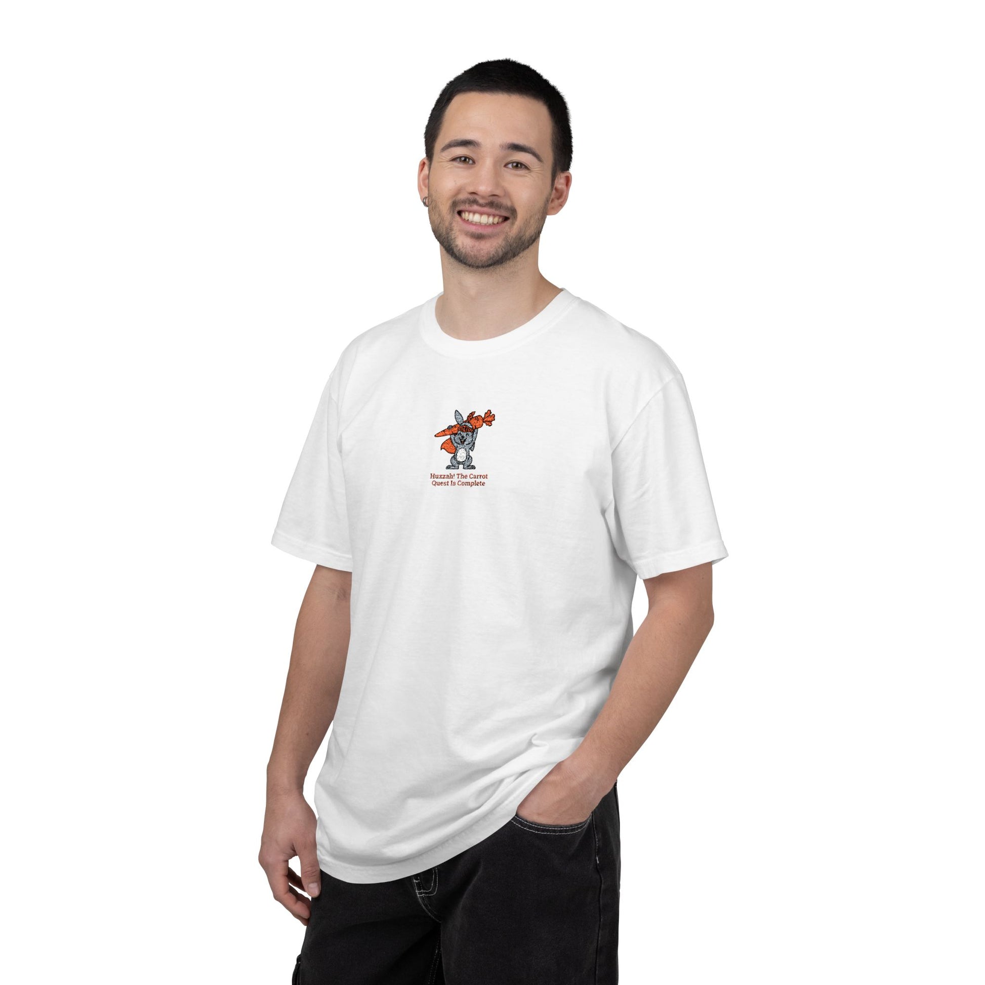 model wearing  a white Comfort Colors® Huzzah! The Carrot Quest Is Complete Rabbit Embroidered T-Shirt | TEEZOCA 