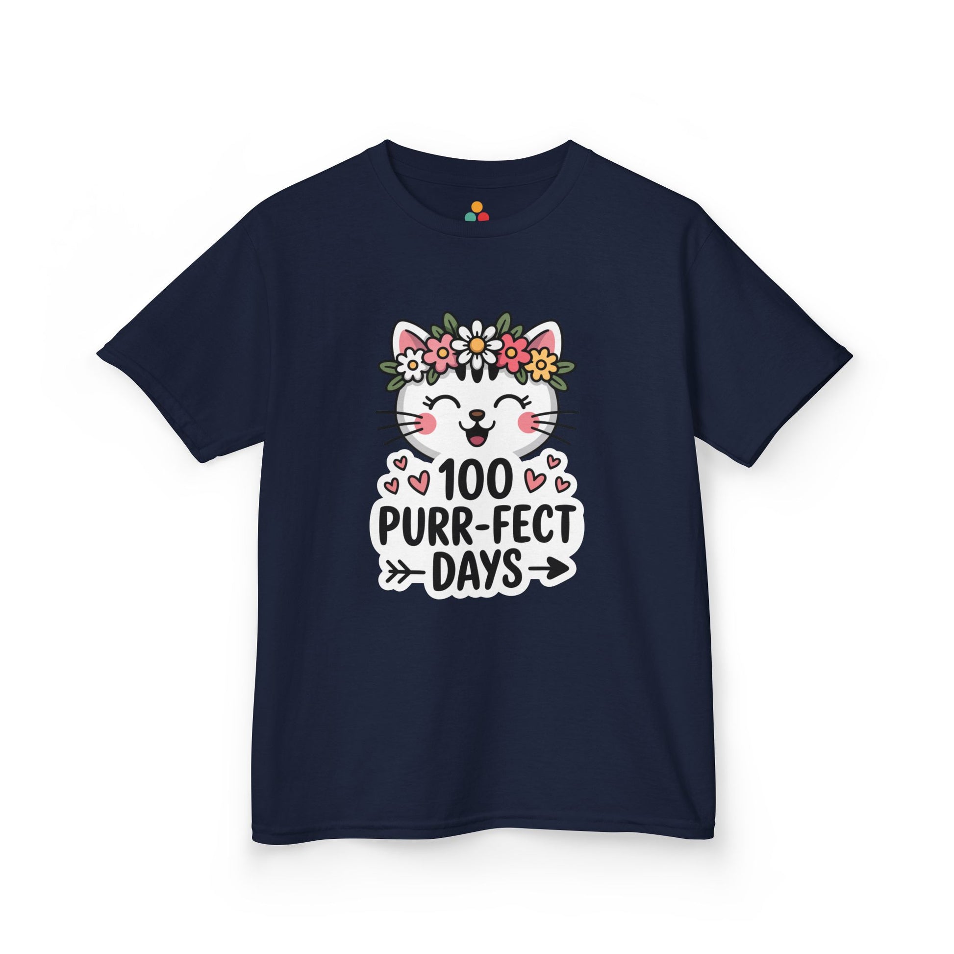 navy t-shirt with a cat graphic and '100 Purr-fect Days' text on a white background. Perfect for girls on 100 days of school celebration