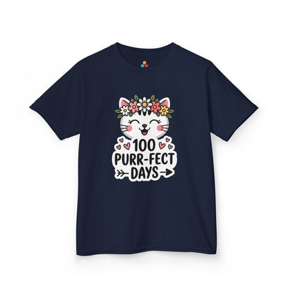 navy t-shirt with a cat graphic and '100 Purr-fect Days' text on a white background. Perfect for girls on 100 days of school celebration