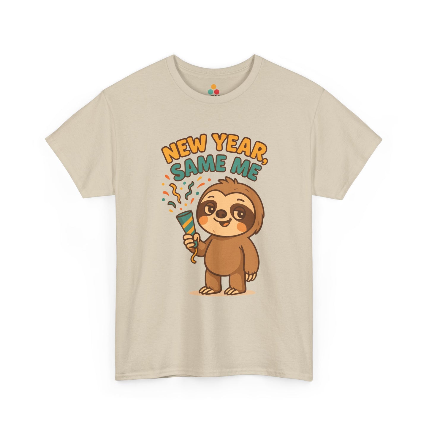 Cream “New Year Same Me” sloth T-shirt with cheerful cartoon sloth and confetti graphic, flat product mockup.