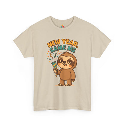 Cream “New Year Same Me” sloth T-shirt with cheerful cartoon sloth and confetti graphic, flat product mockup.