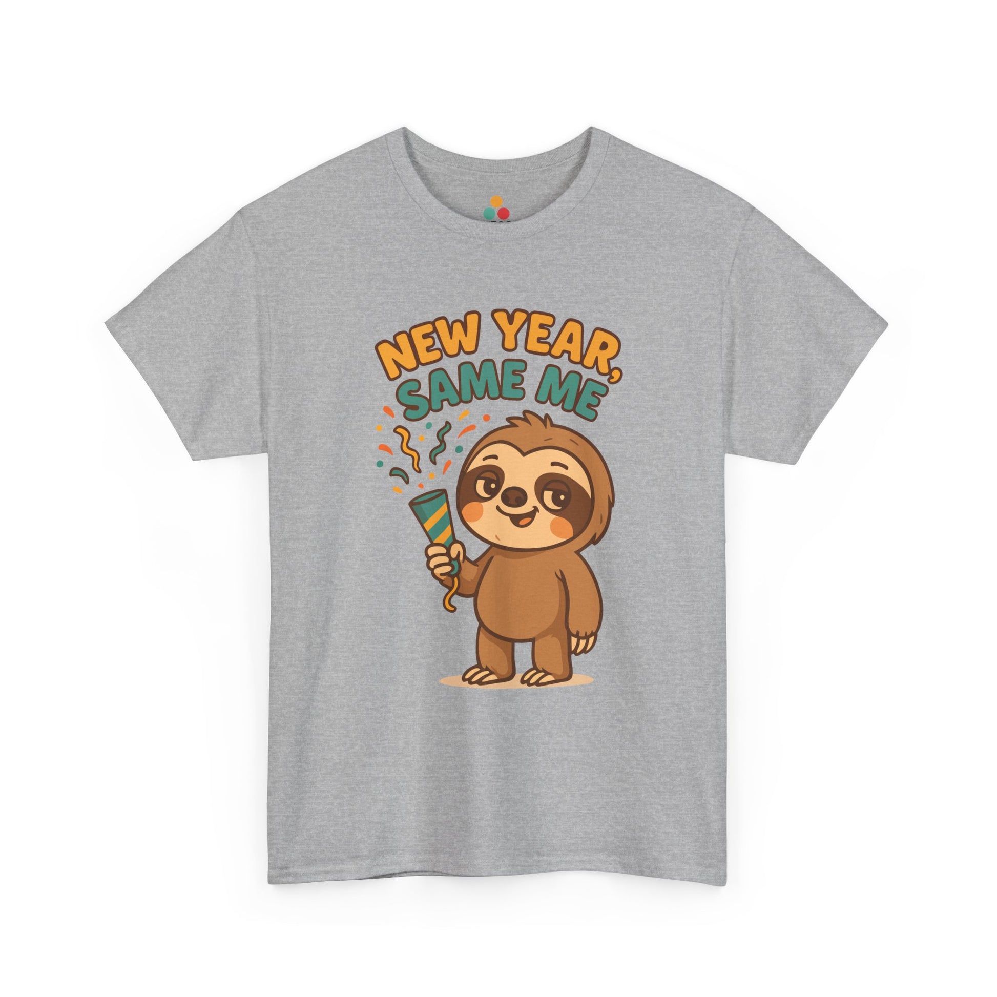 Heather grey T-shirt featuring “New Year Same Me” text and smiling sloth holding a party popper, flat front image.