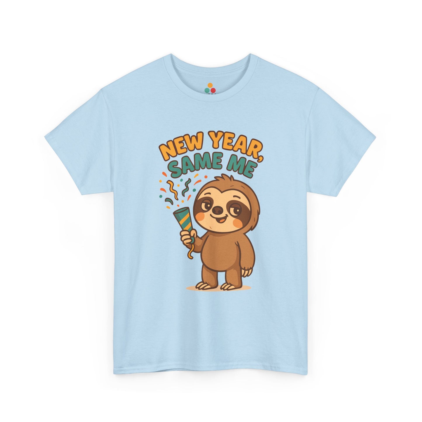  Light blue “New Year Same Me” sloth T-shirt with colorful confetti and party sloth illustration, flat product view.