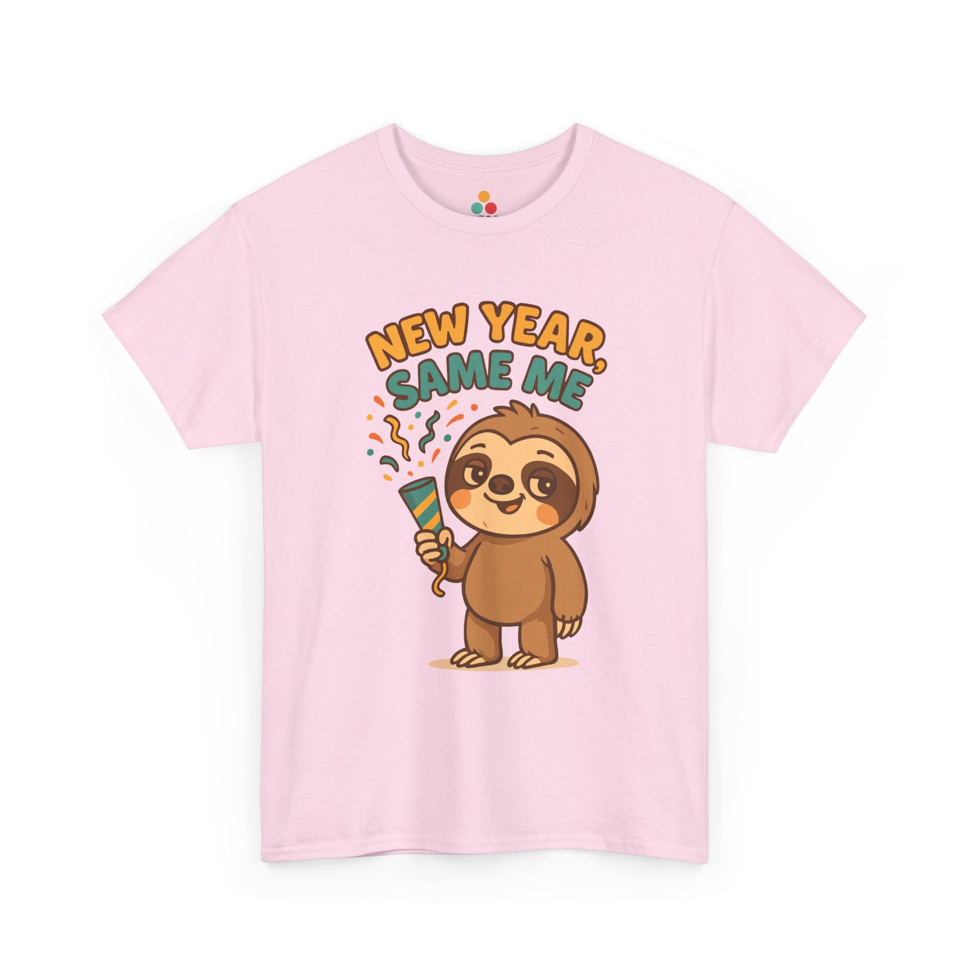  Light pink “New Year Same Me” sloth T-shirt with cute cartoon sloth and festive confetti design, flat mockup.