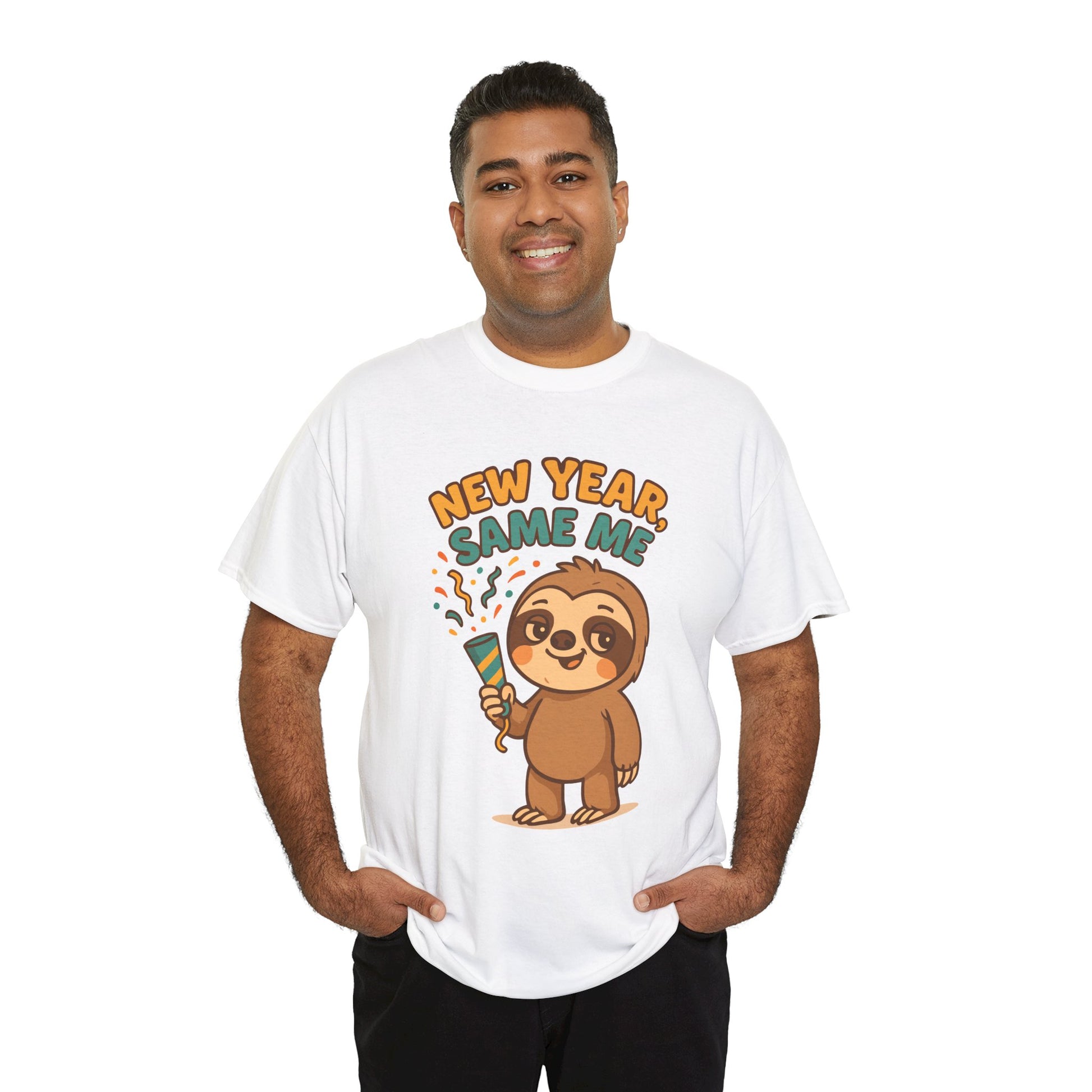  Man wearing white “New Year Same Me” sloth T-shirt, standing casually with hands in pockets, lifestyle photo.
