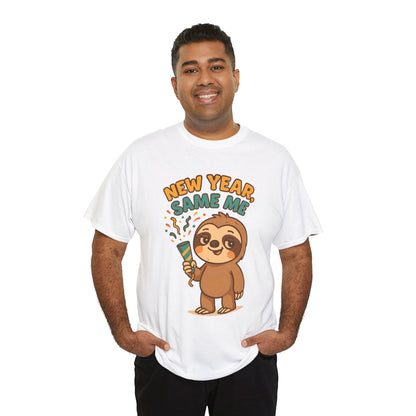  Man wearing white “New Year Same Me” sloth T-shirt, standing casually with hands in pockets, lifestyle photo.
