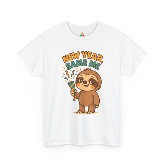 White “New Year Same Me” sloth T-shirt with cute cartoon sloth holding a party popper and confetti, flat front view.