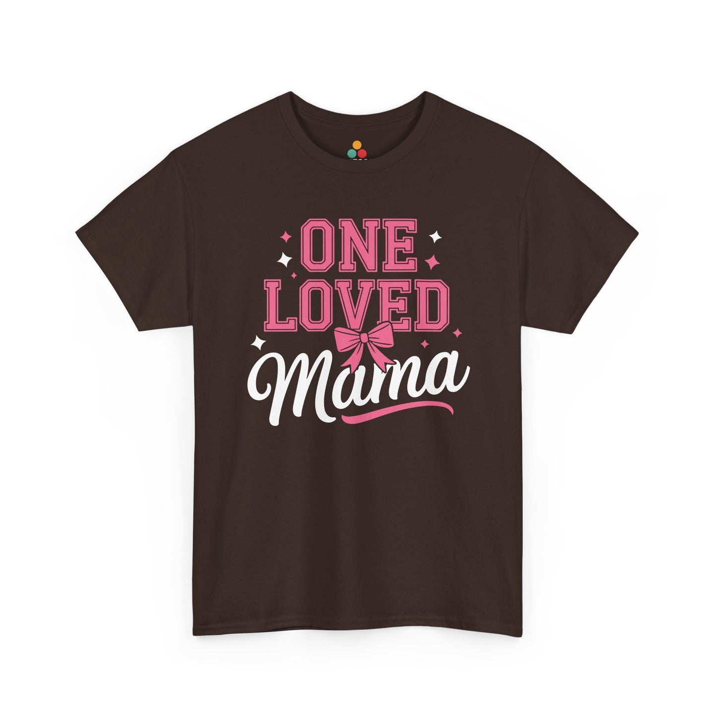  “Brown Teezoca One Loved Mama mom shirt, pink bow graphic, Mother’s Day gift, front view”

