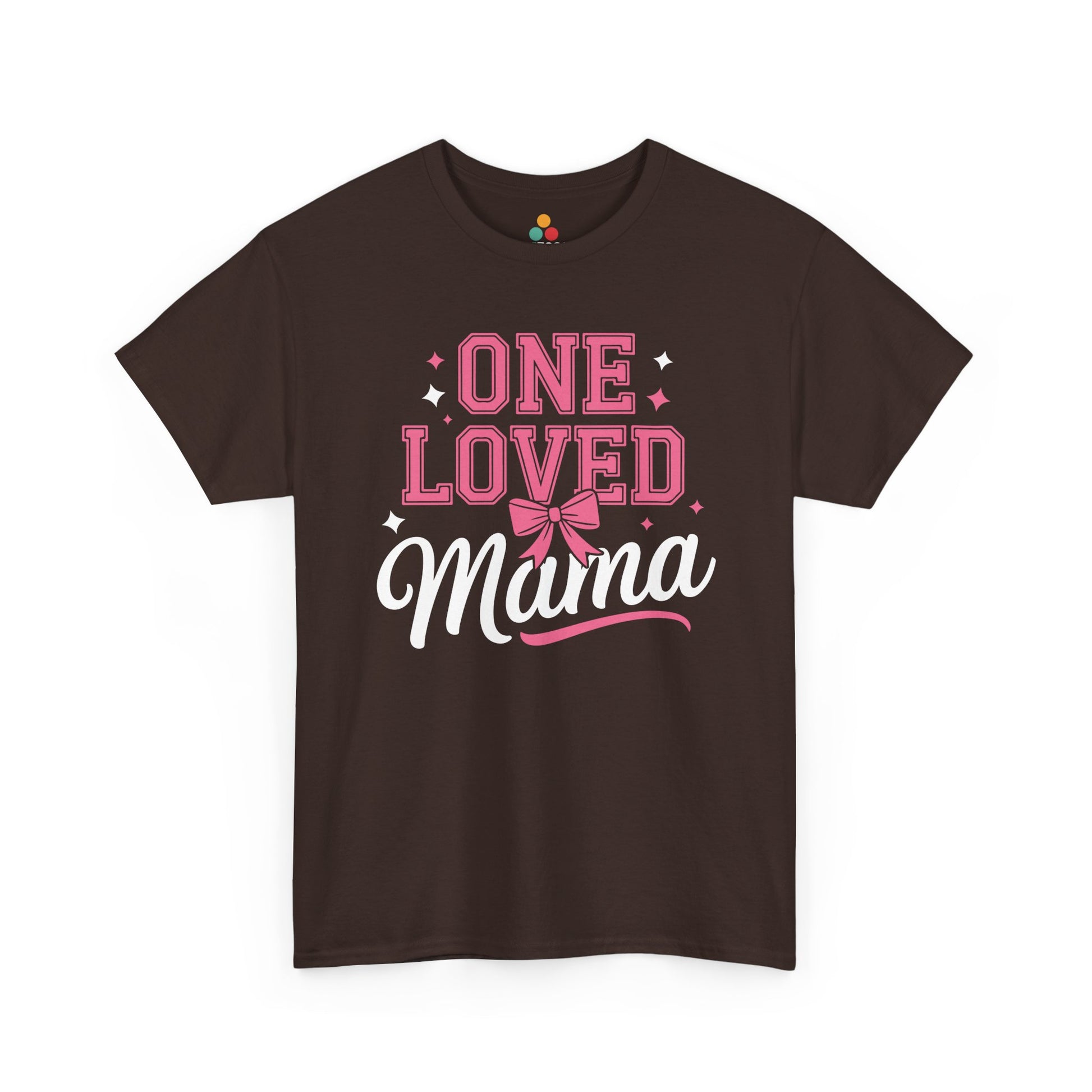  “Brown Teezoca One Loved Mama mom shirt, pink bow graphic, Mother’s Day gift, front view”

