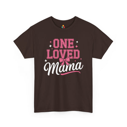  “Brown Teezoca One Loved Mama mom shirt, pink bow graphic, Mother’s Day gift, front view”

