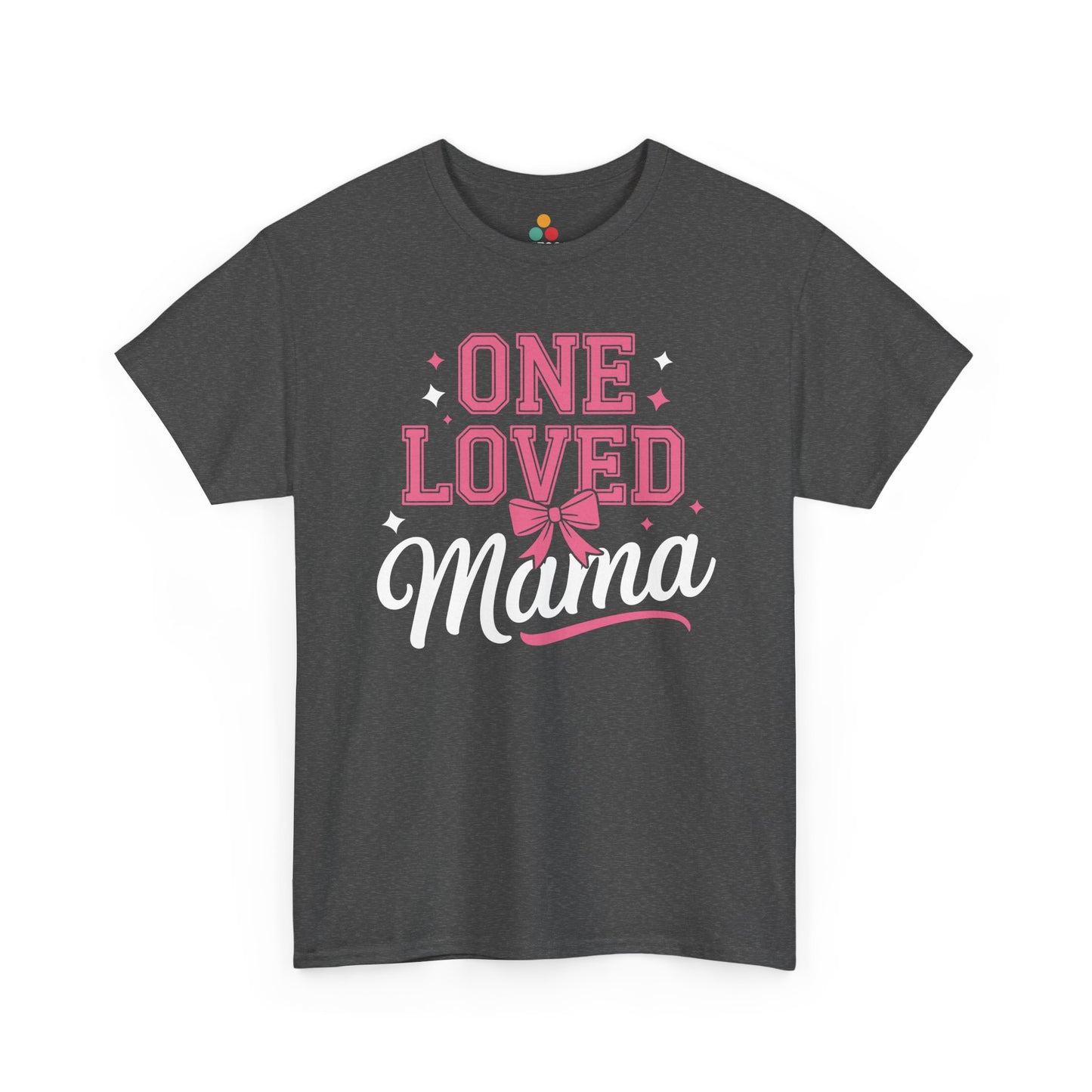 “Teezoca One Loved Mama dark heather shirt, pink bow mom shirt gift, front view”

