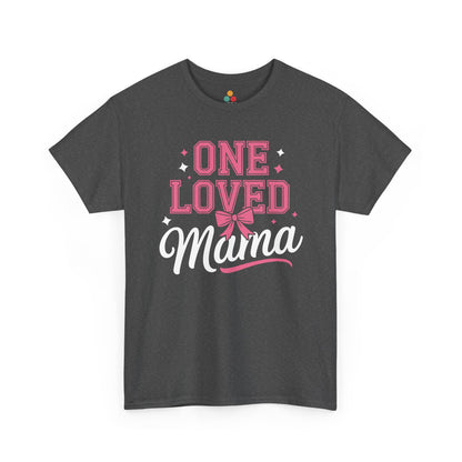 “Teezoca One Loved Mama dark heather shirt, pink bow mom shirt gift, front view”

