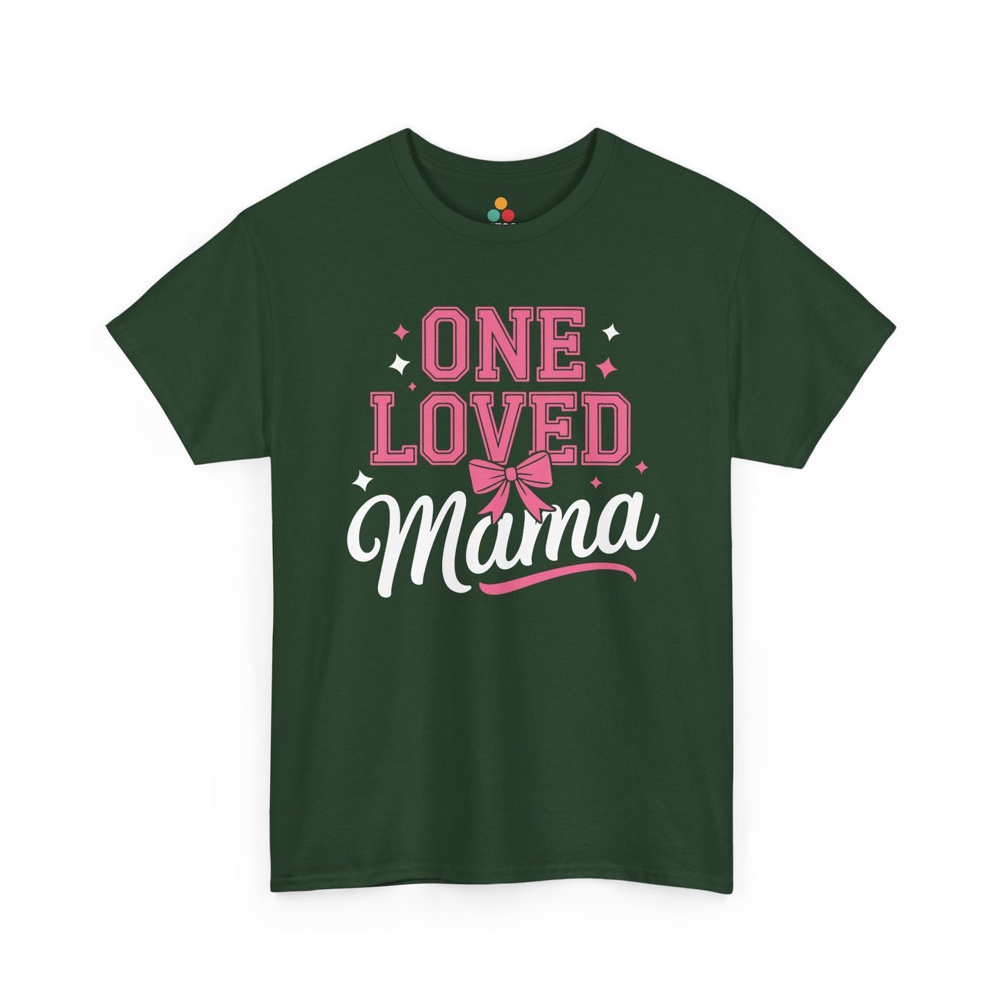 “Forest green Teezoca One Loved Mama t-shirt with pink Mother’s Day design, front view”

