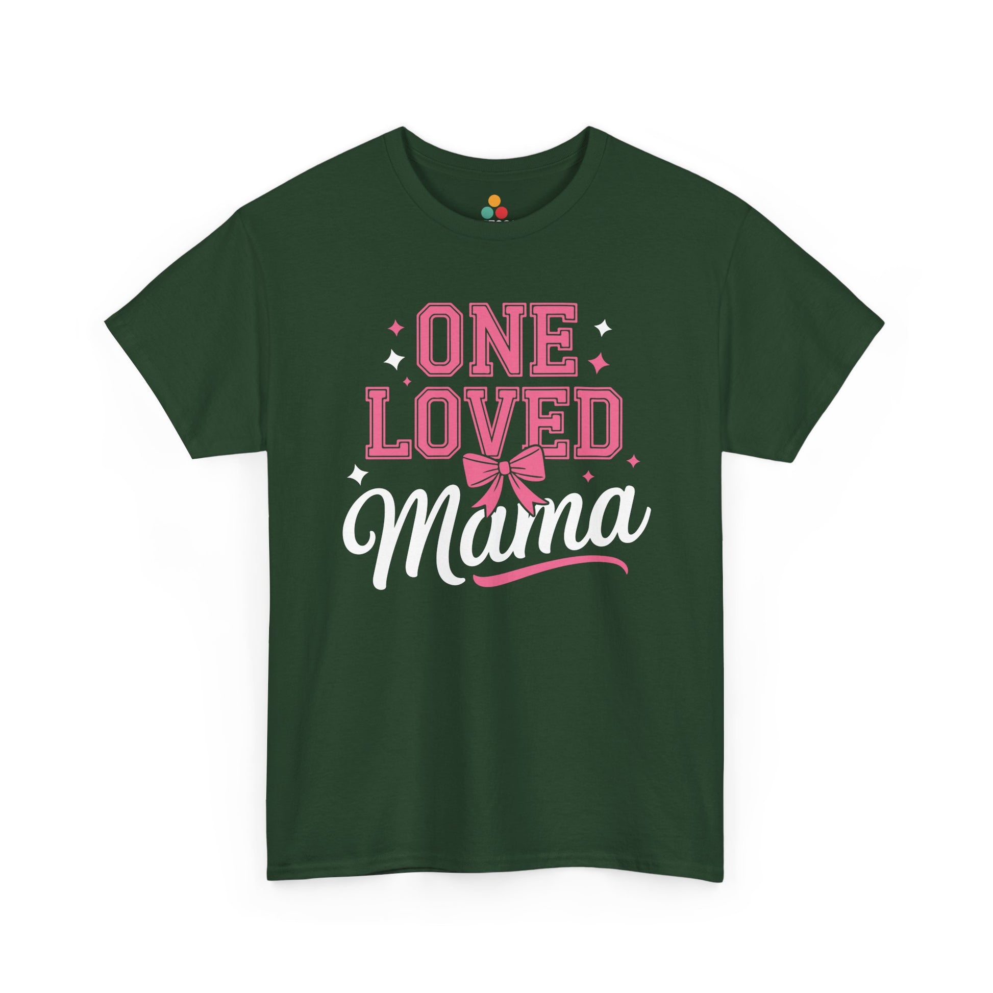 “Forest green Teezoca One Loved Mama t-shirt with pink Mother’s Day design, front view”

