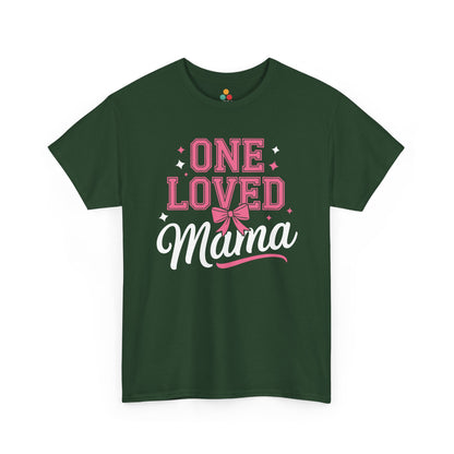 “Forest green Teezoca One Loved Mama t-shirt with pink Mother’s Day design, front view”

