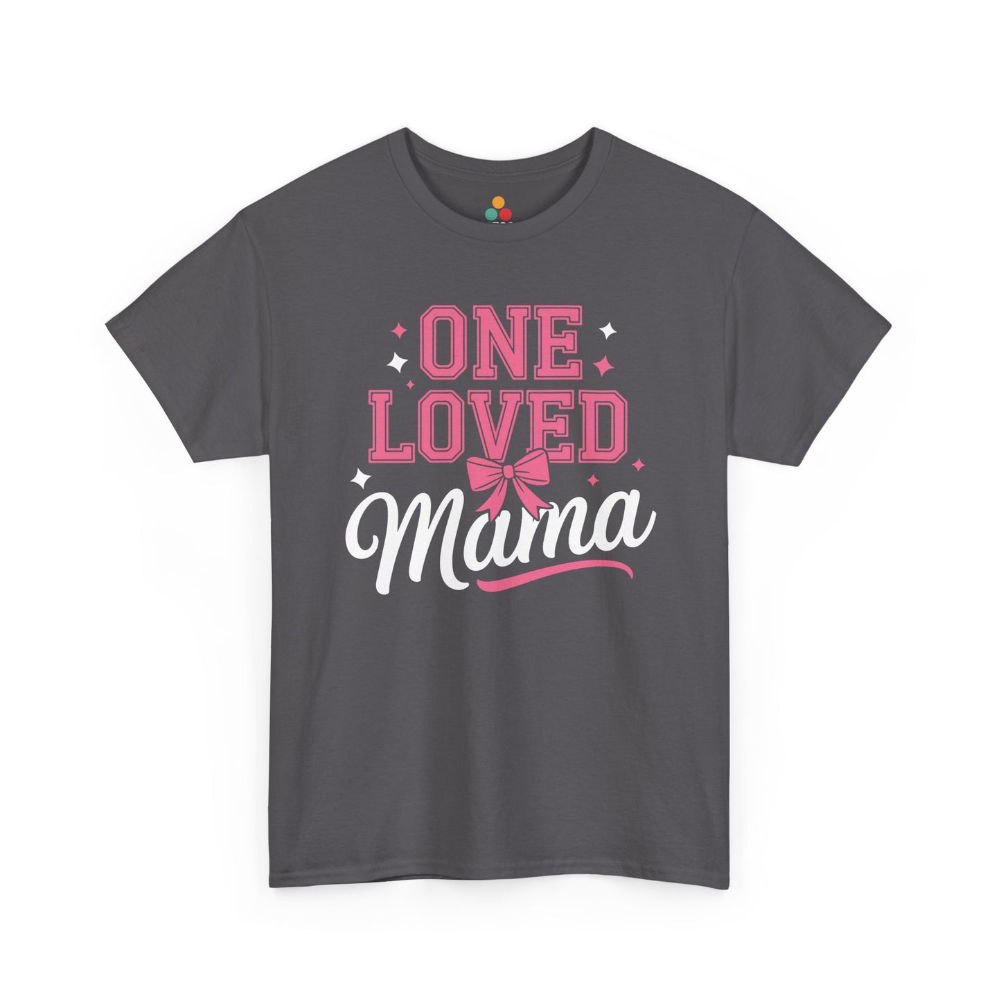 “Heather gray One Loved Mama Mother’s Day t-shirt by Teezoca, pink script and bow design”

