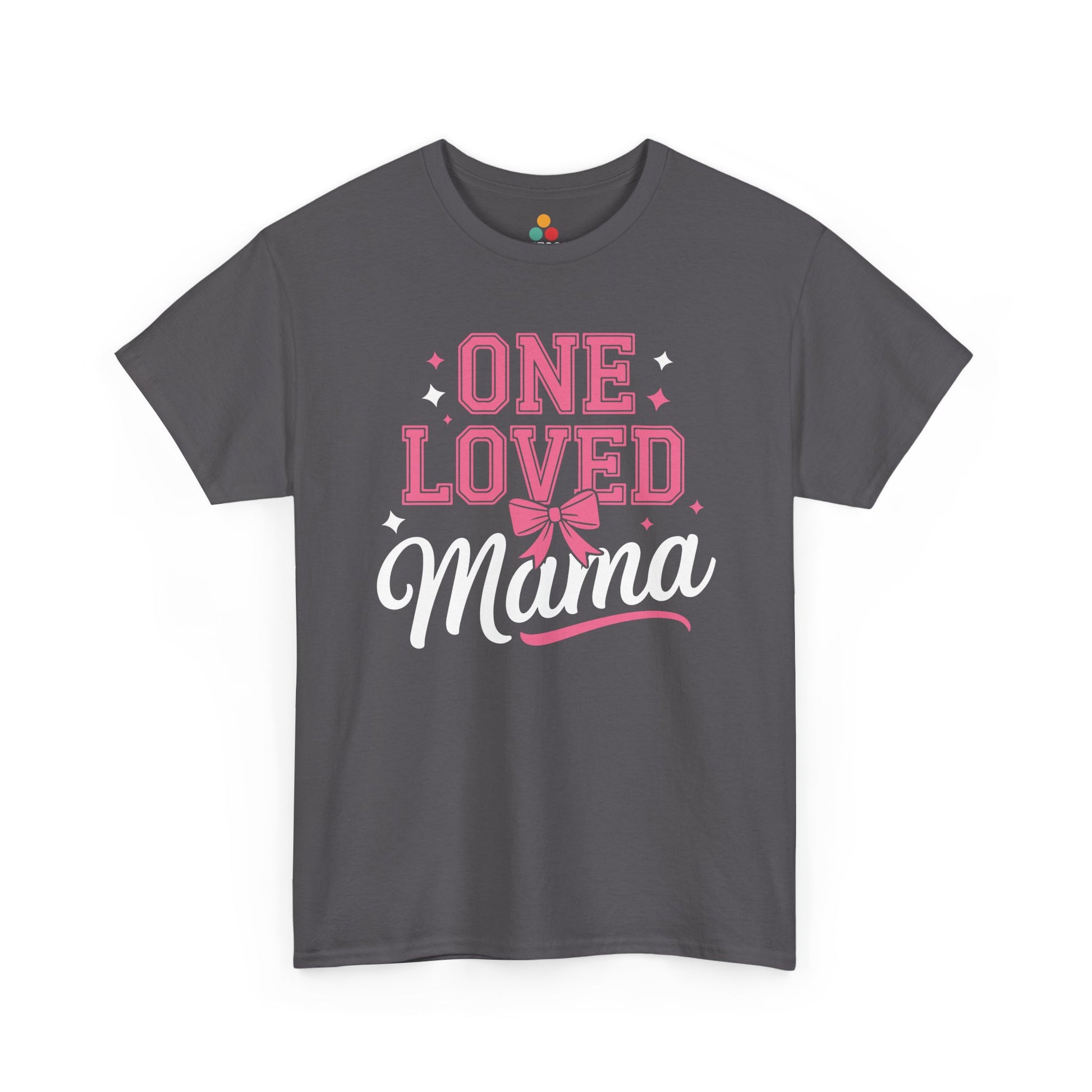 “Heather gray One Loved Mama Mother’s Day t-shirt by Teezoca, pink script and bow design”

