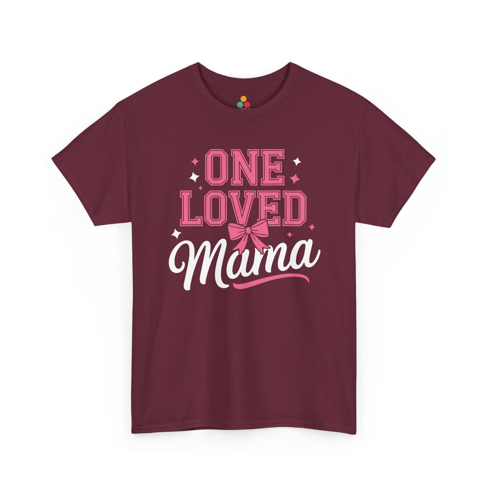  “Teezoca One Loved Mama maroon Mother’s Day shirt, pink letters, bow, and stars, front view”

