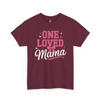  “Teezoca One Loved Mama maroon Mother’s Day shirt, pink letters, bow, and stars, front view”

