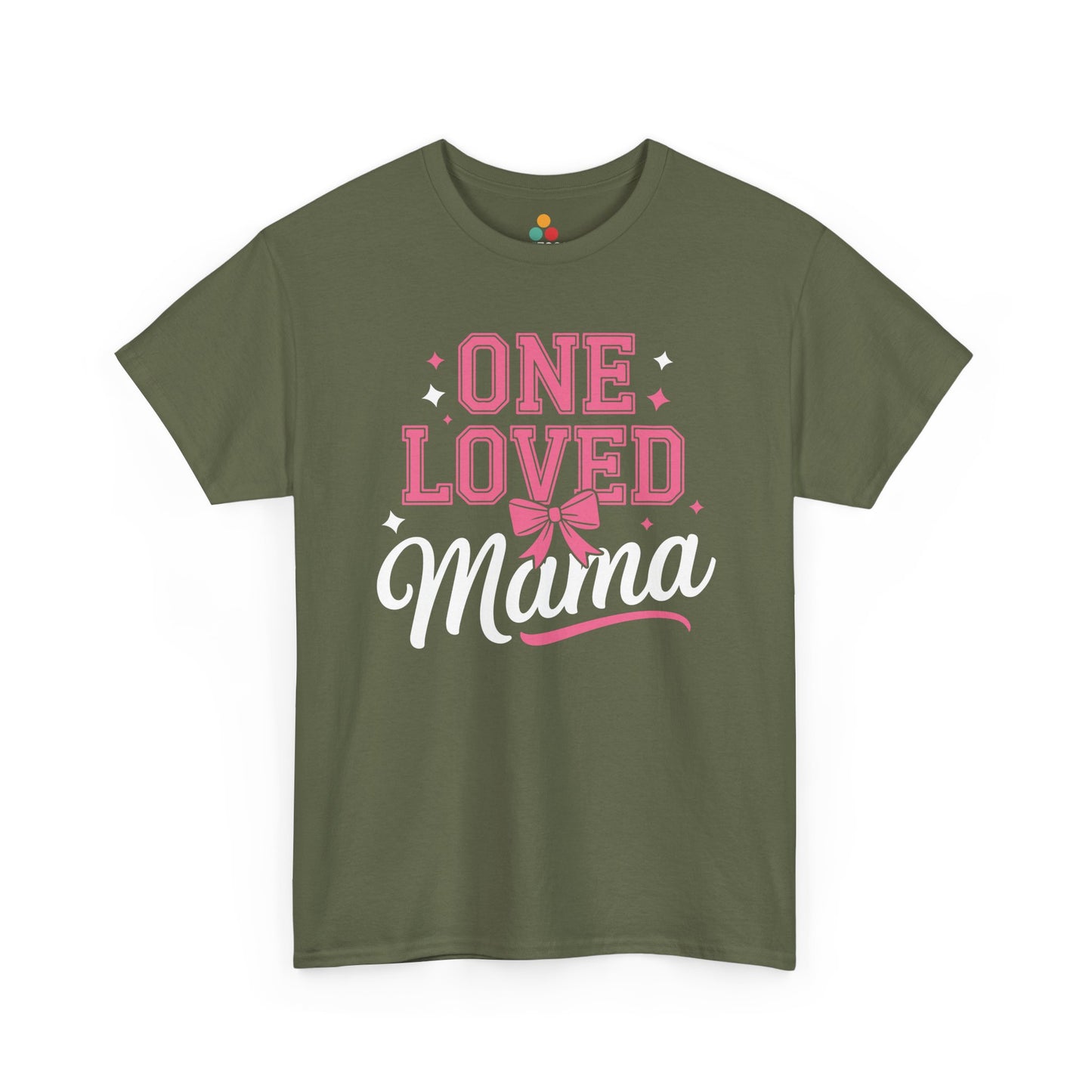 “Military green One Loved Mama shirt by Teezoca, Mother’s Day bow graphic, front photo”

